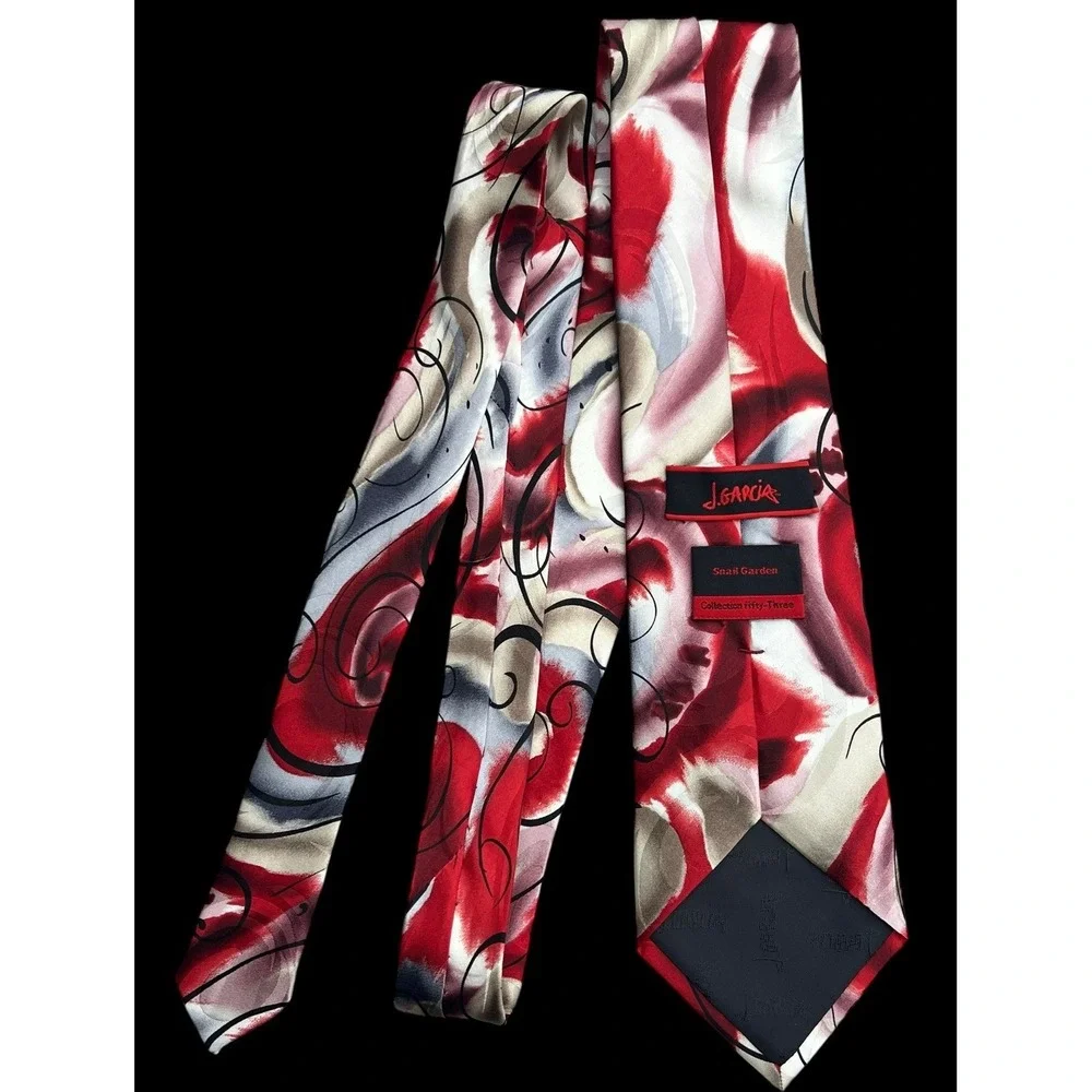 J. Garcia Snail Garden Collection 53, Men's 100% Silk Tie Red/Beige/Black